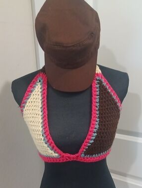 Handmade Crochet Halter Top - Brown, Cream & Pink